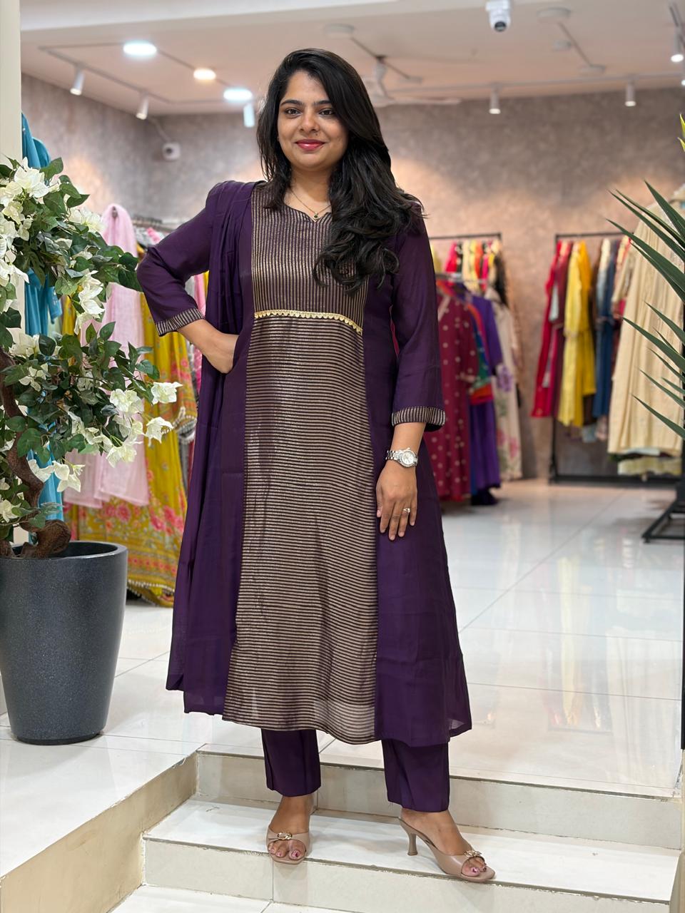 Purple Mul Chanderi Thread Embroidery Airline Kurtha 53
