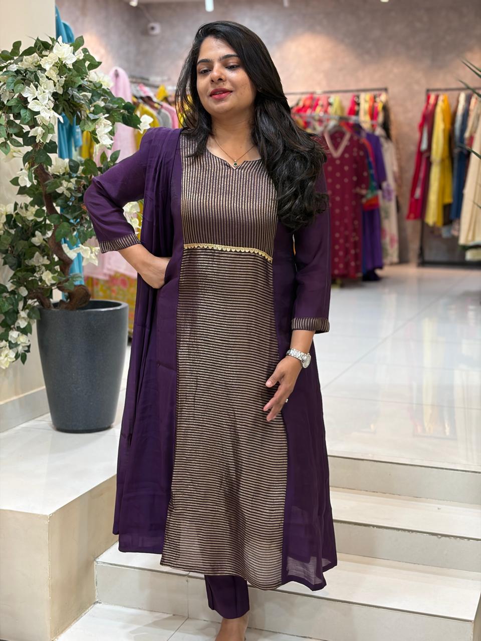 Purple Mul Chanderi Thread Embroidery Airline Kurtha 53
