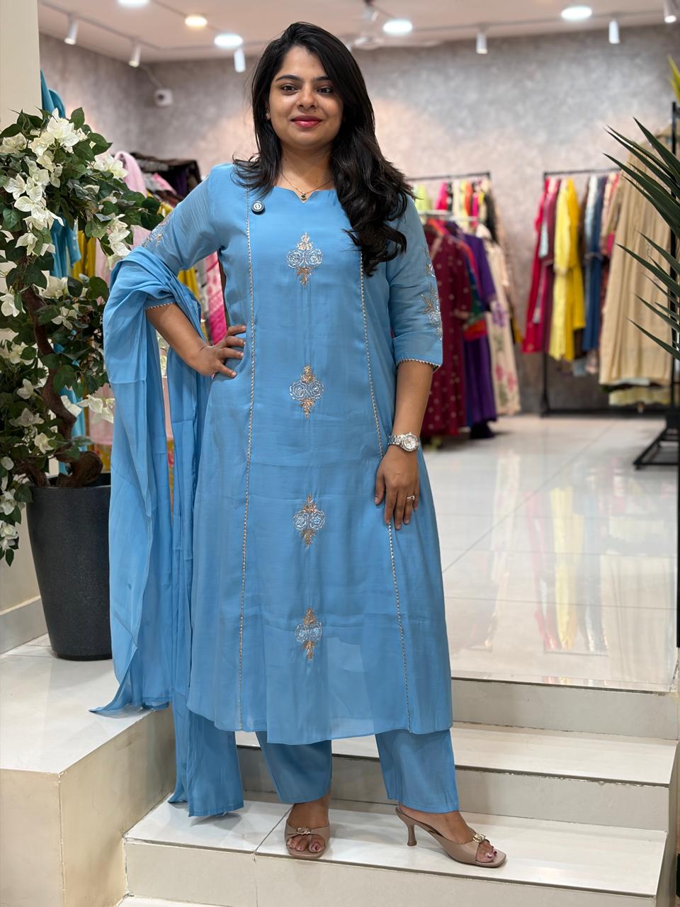 Blue Mul Chanderi Thread Embroidery Airline Kurtha 53