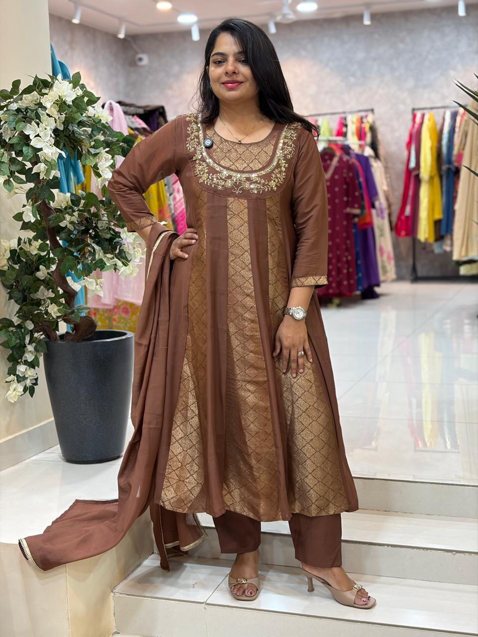 Brown Mul Chanderi Thread Embroidery Airline Kurtha 53