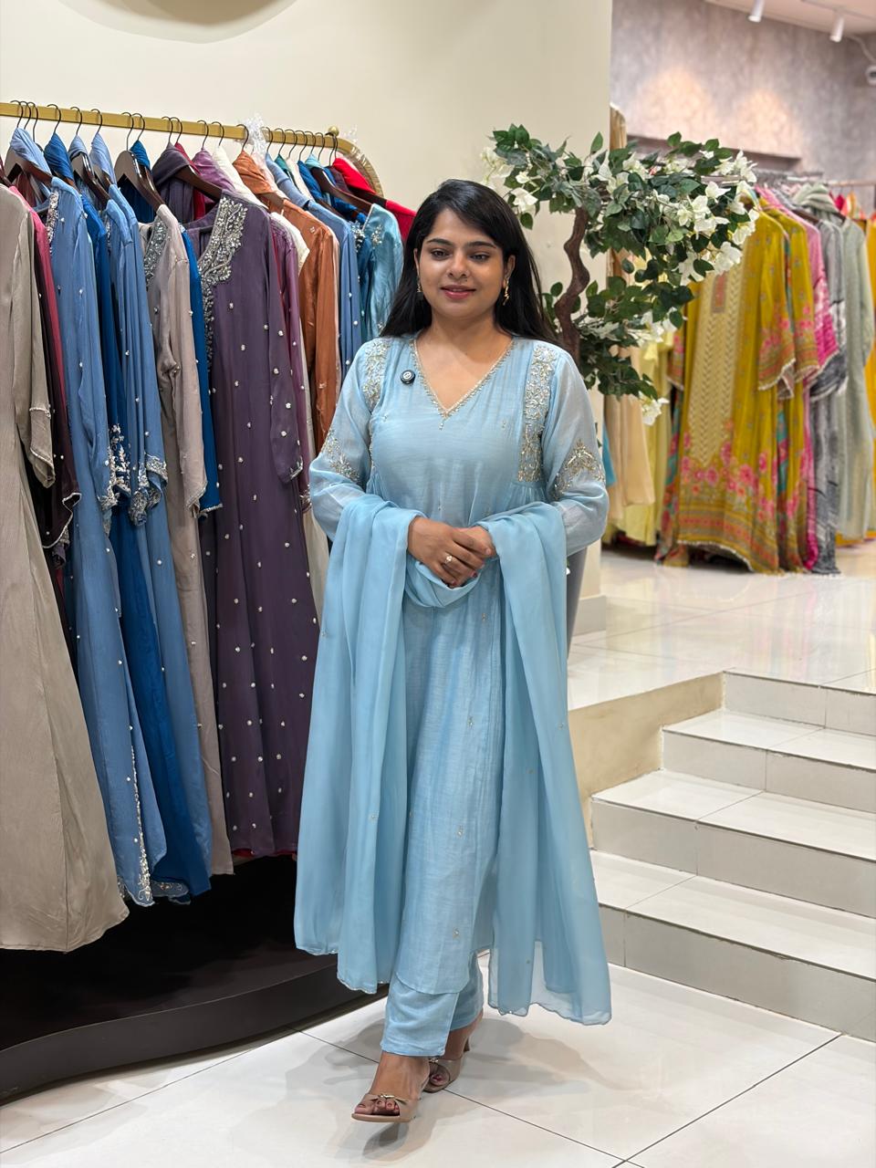 Light Blue  Mul Chanderi Anarkali Handwork Kurtha 61