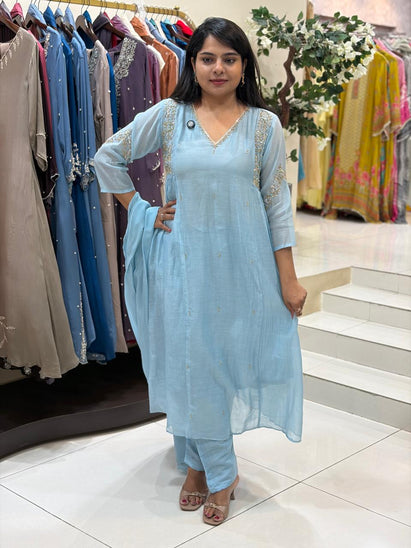 Light Blue  Mul Chanderi Anarkali Handwork Kurtha 61