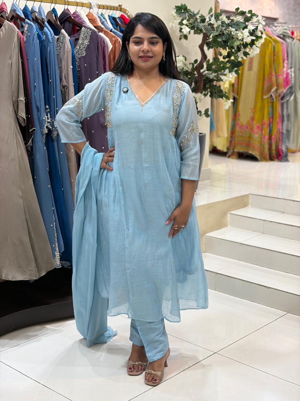 Light Blue  Mul Chanderi Anarkali Handwork Kurtha 61