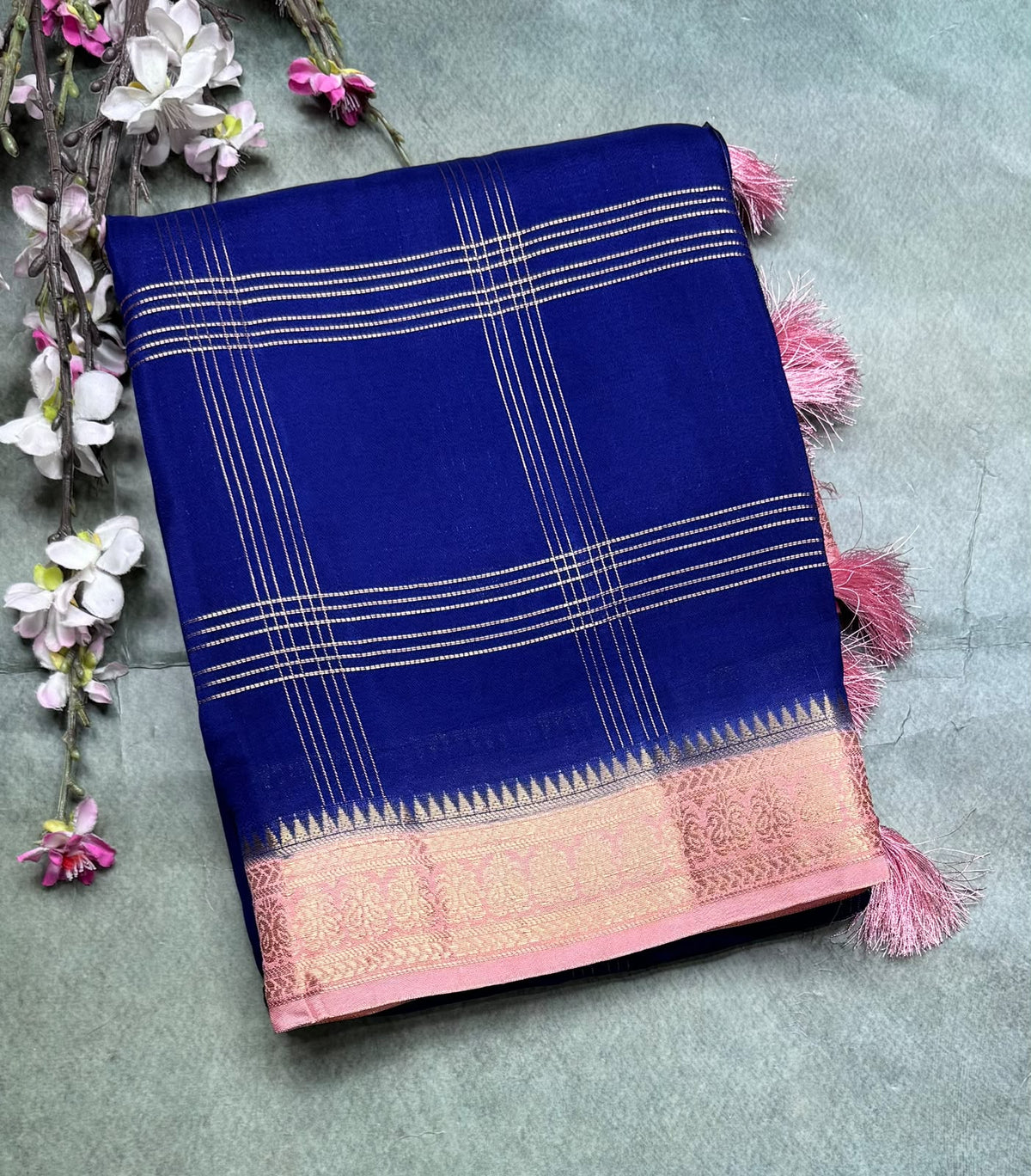 Navy Blue Checks Semi Mysore Silk Saree 111