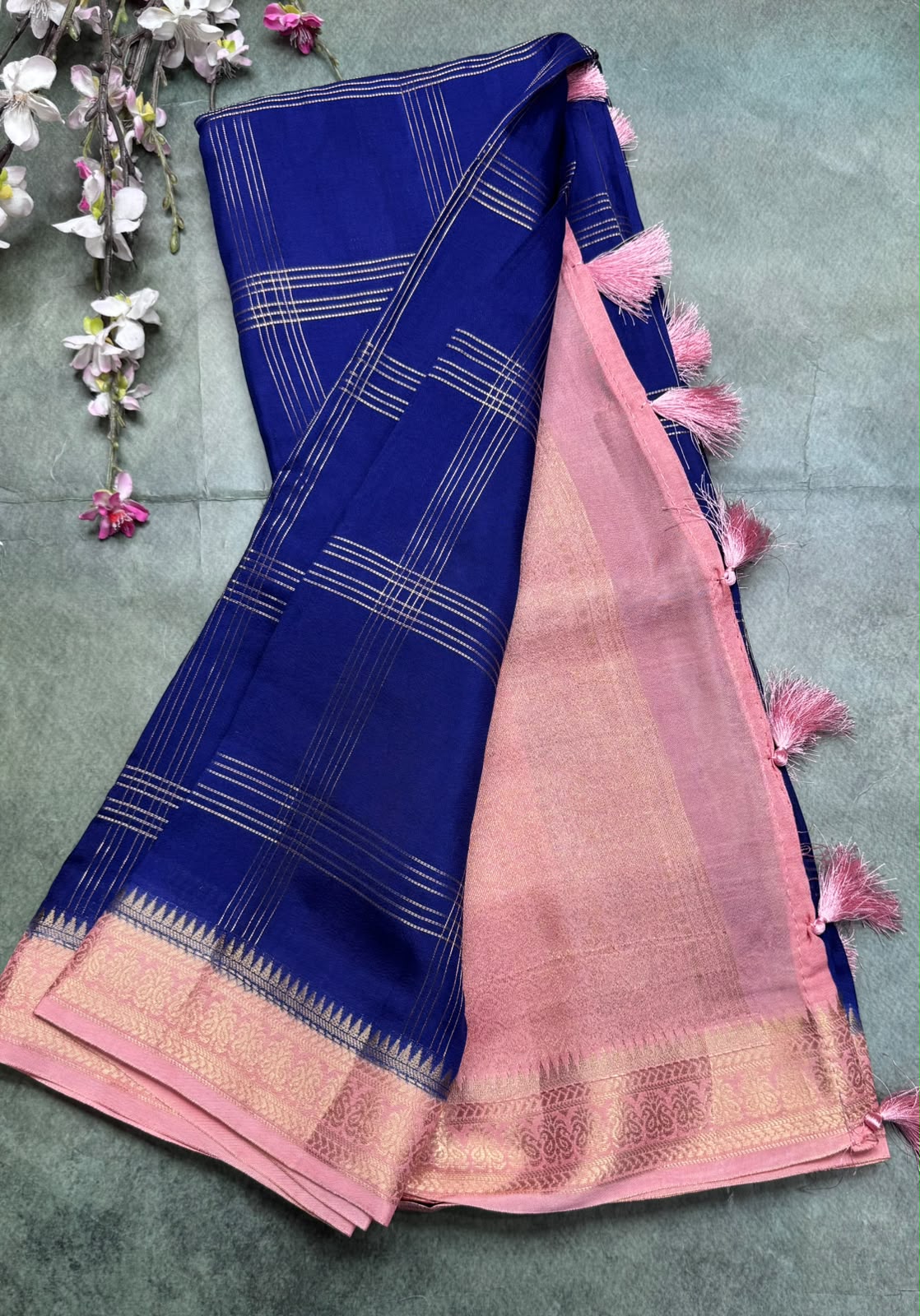 Navy Blue Checks Semi Mysore Silk Saree 111