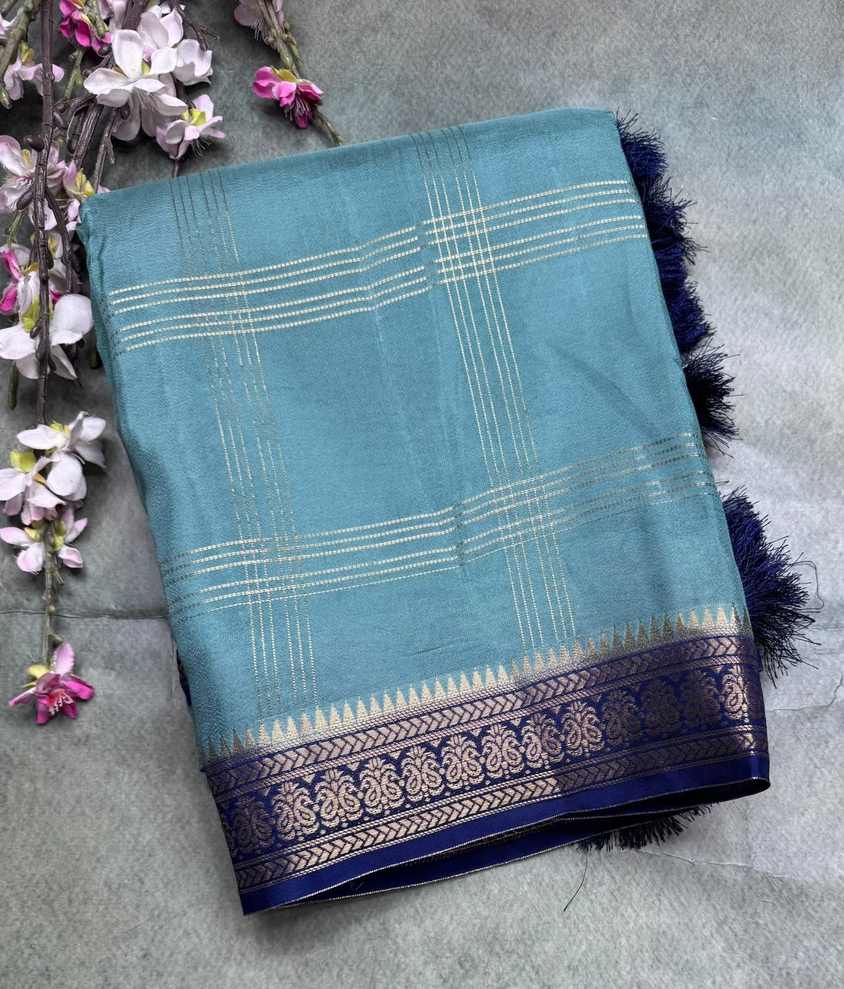 Sea Green Checks Semi Mysore Silk Saree 111