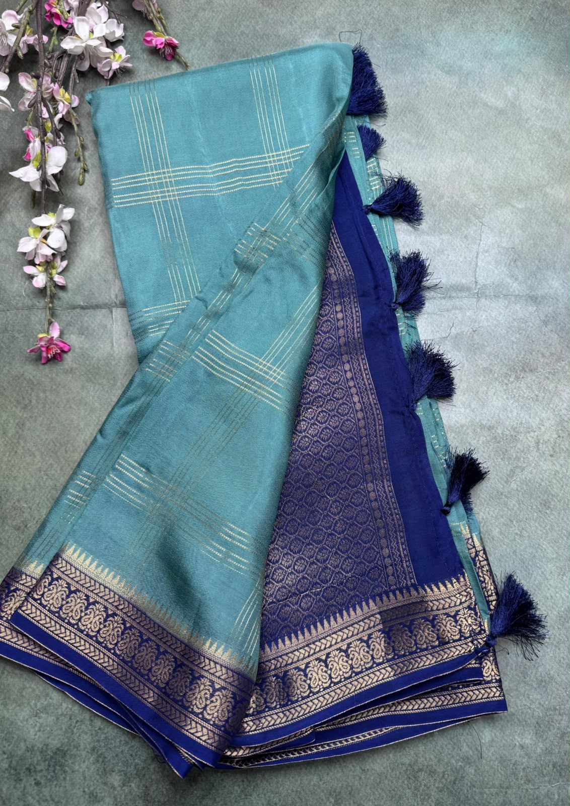 Sea Green Checks Semi Mysore Silk Saree 111