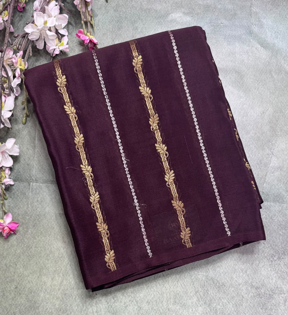 Brown Stripes Pure Mysore Crepe Silk Saree 111