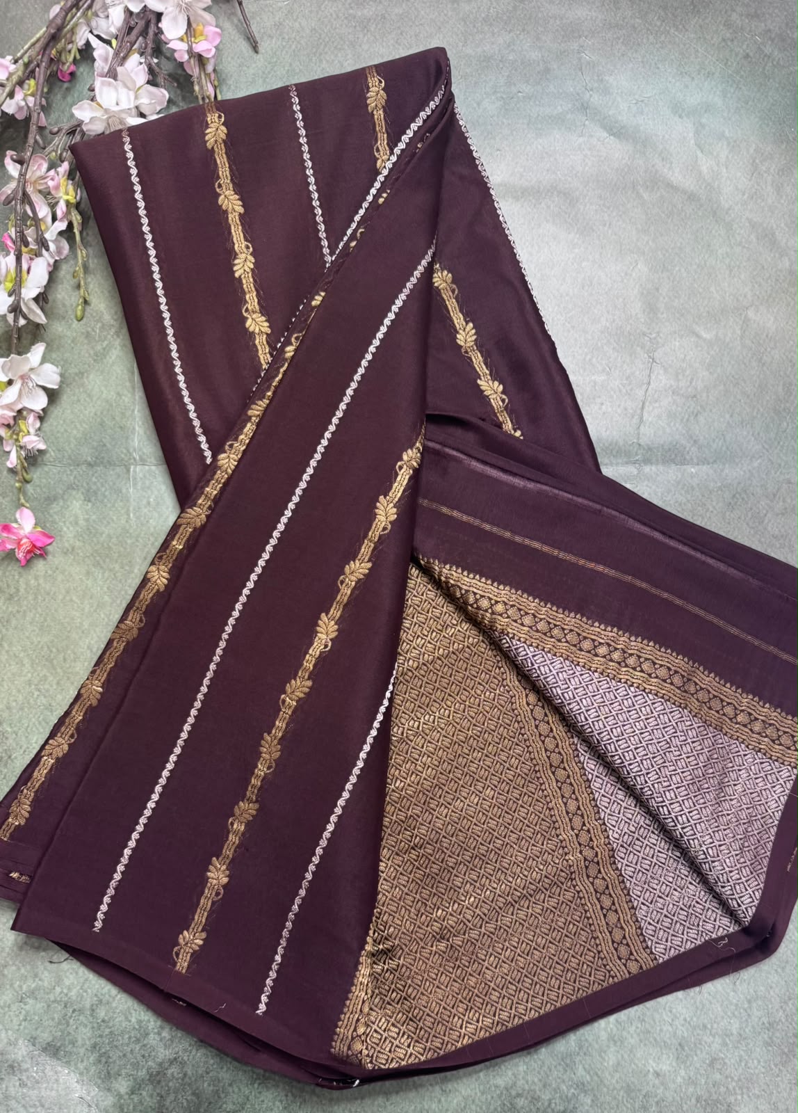 Brown Stripes Pure Mysore Crepe Silk Saree 111