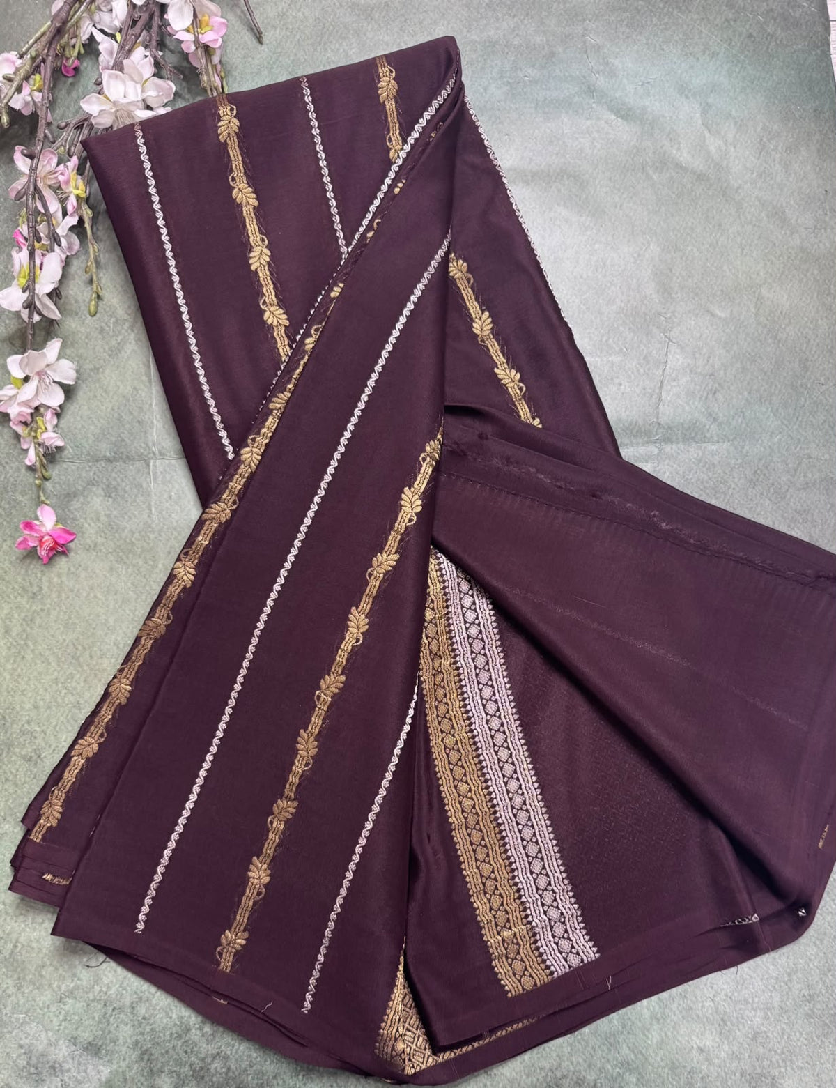 Brown Stripes Pure Mysore Crepe Silk Saree 111