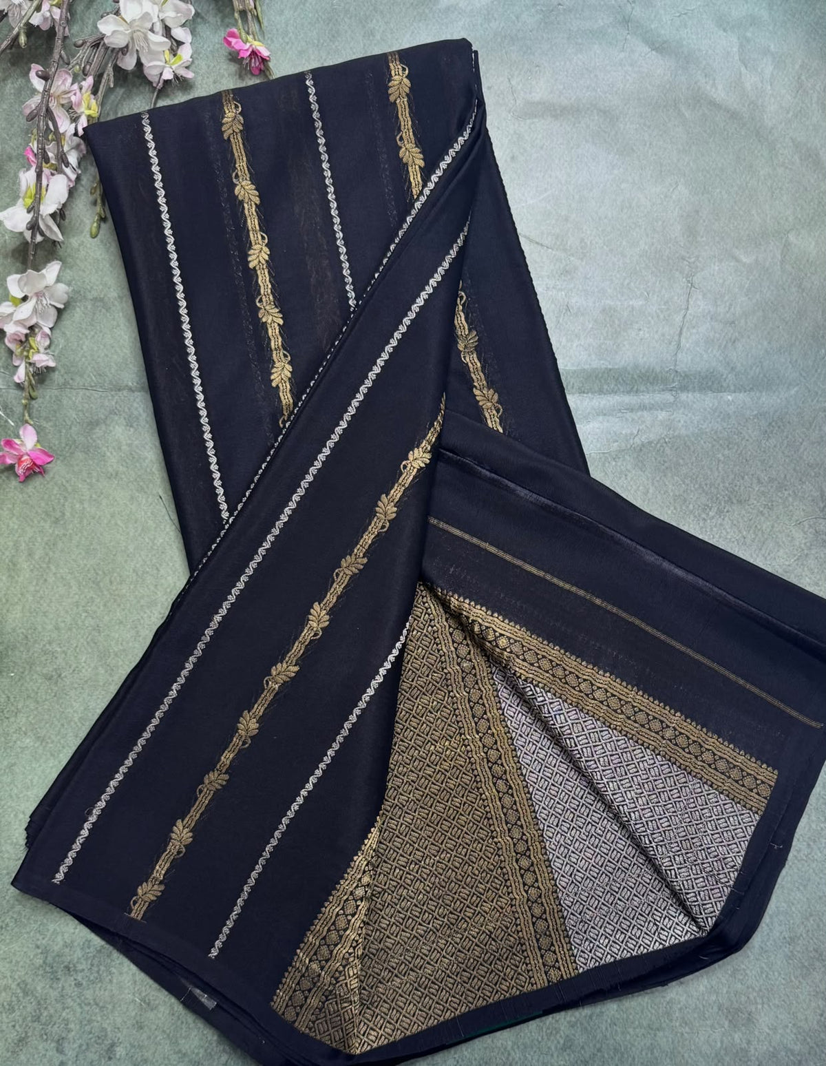 Black Stripes Pure Mysore Crepe Silk Saree 111