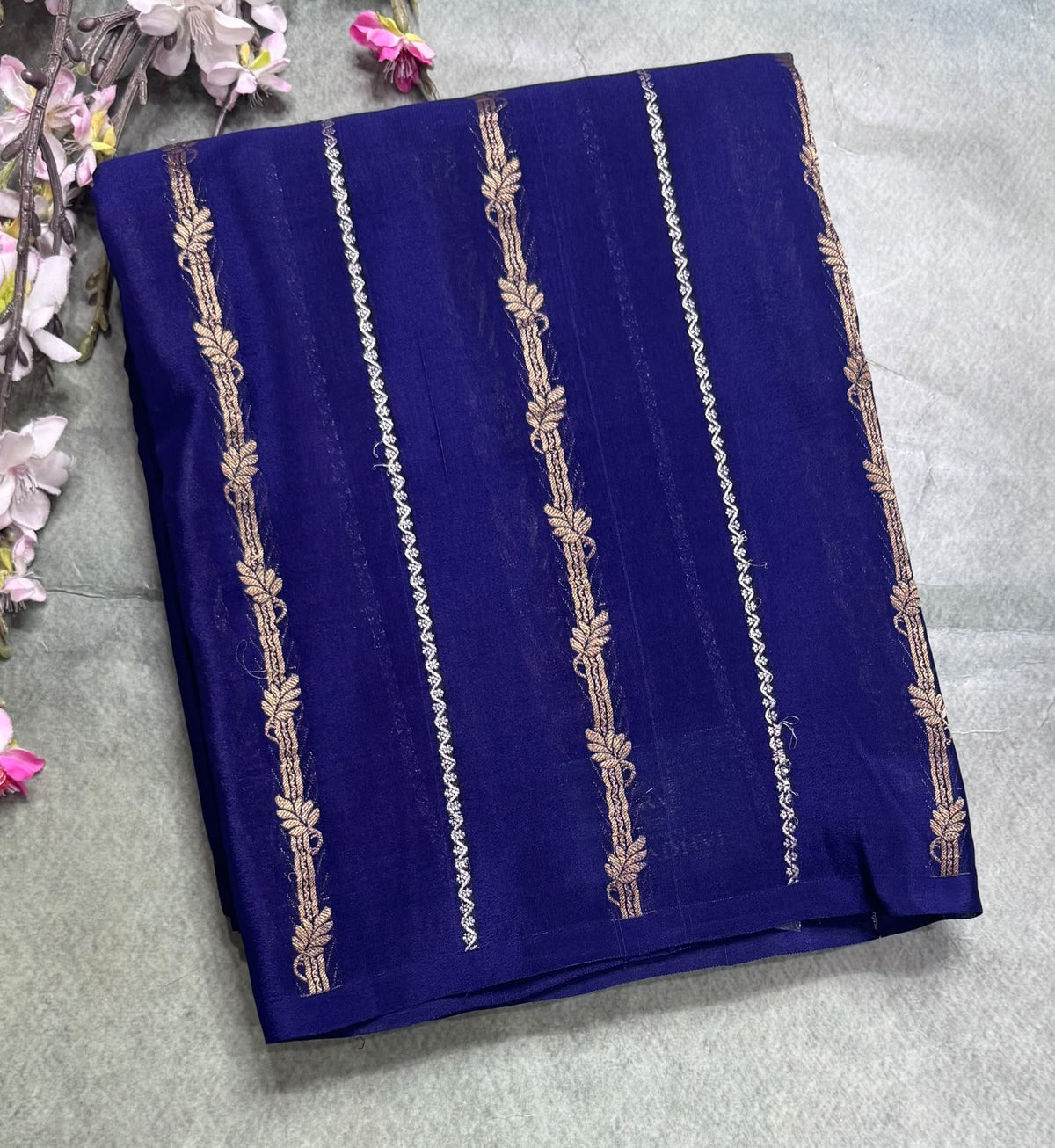 Navy Blue Stripes Pure Mysore Crepe Silk Saree 111