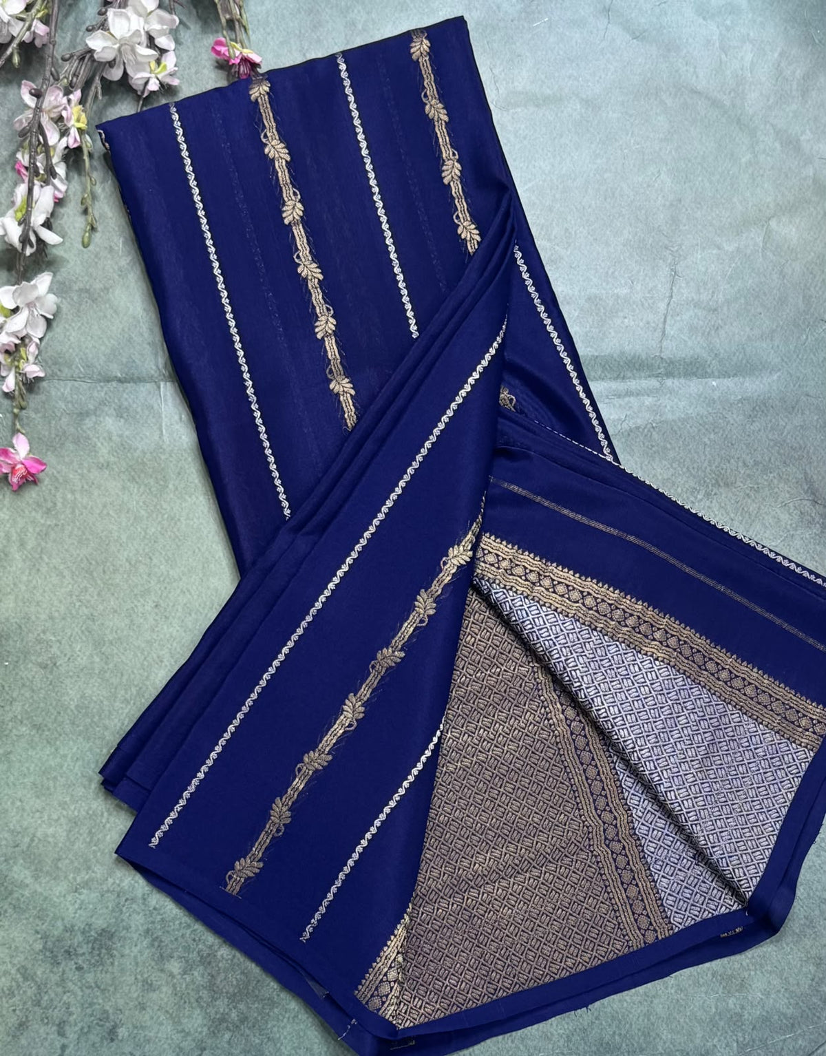 Navy Blue Stripes Pure Mysore Crepe Silk Saree 111