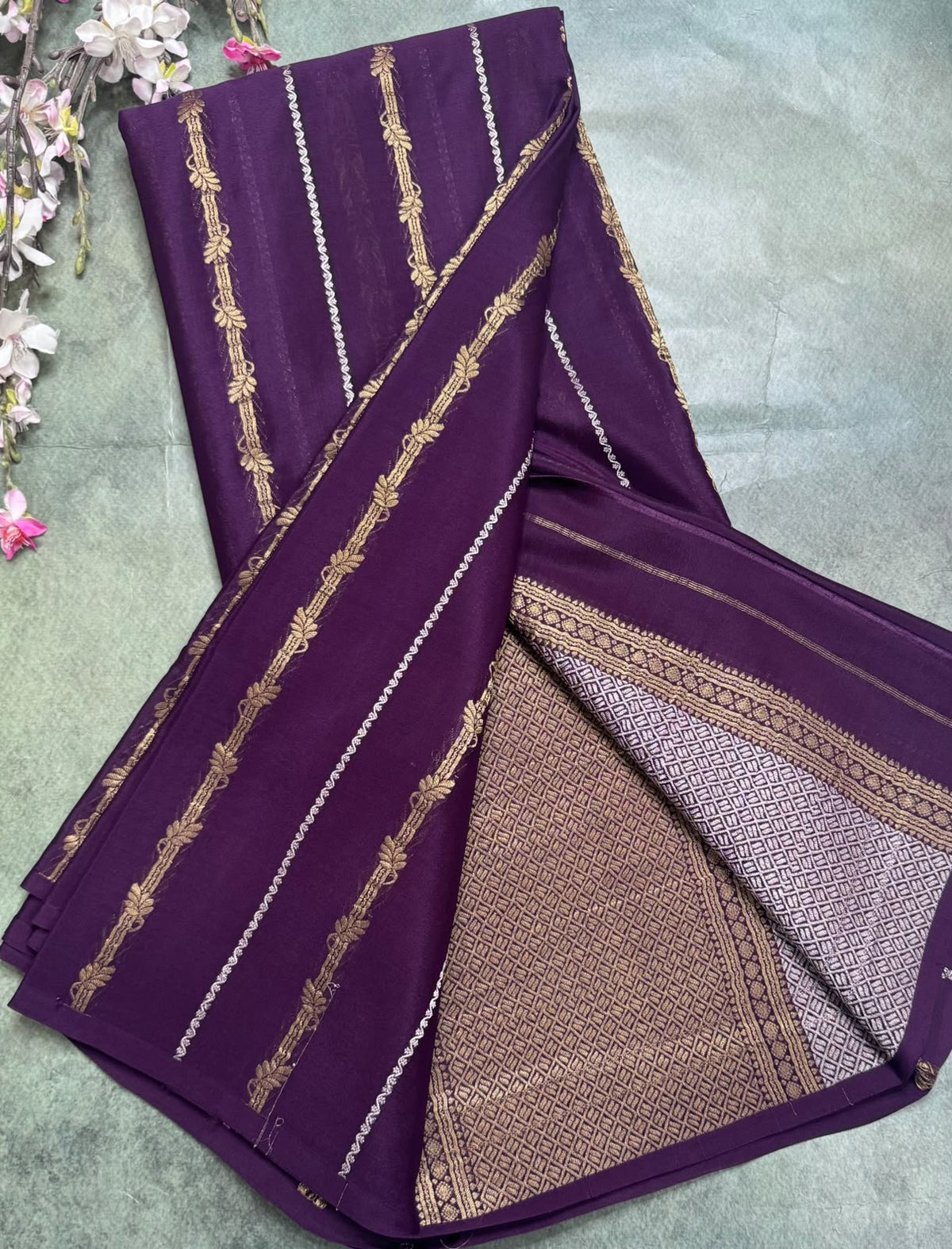 Wine Stripes Pure Mysore Crepe Silk Saree 111