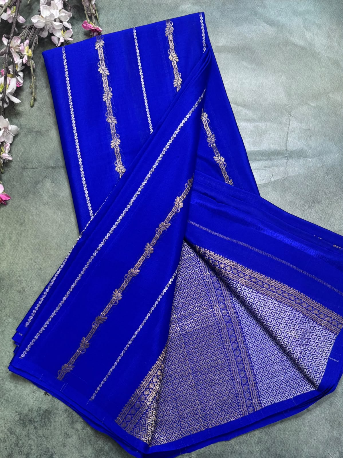Royal Blue Stripes Pure Mysore Crepe Silk Saree 111