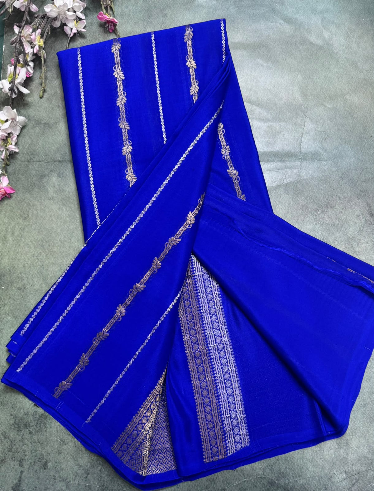 Royal Blue Stripes Pure Mysore Crepe Silk Saree 111