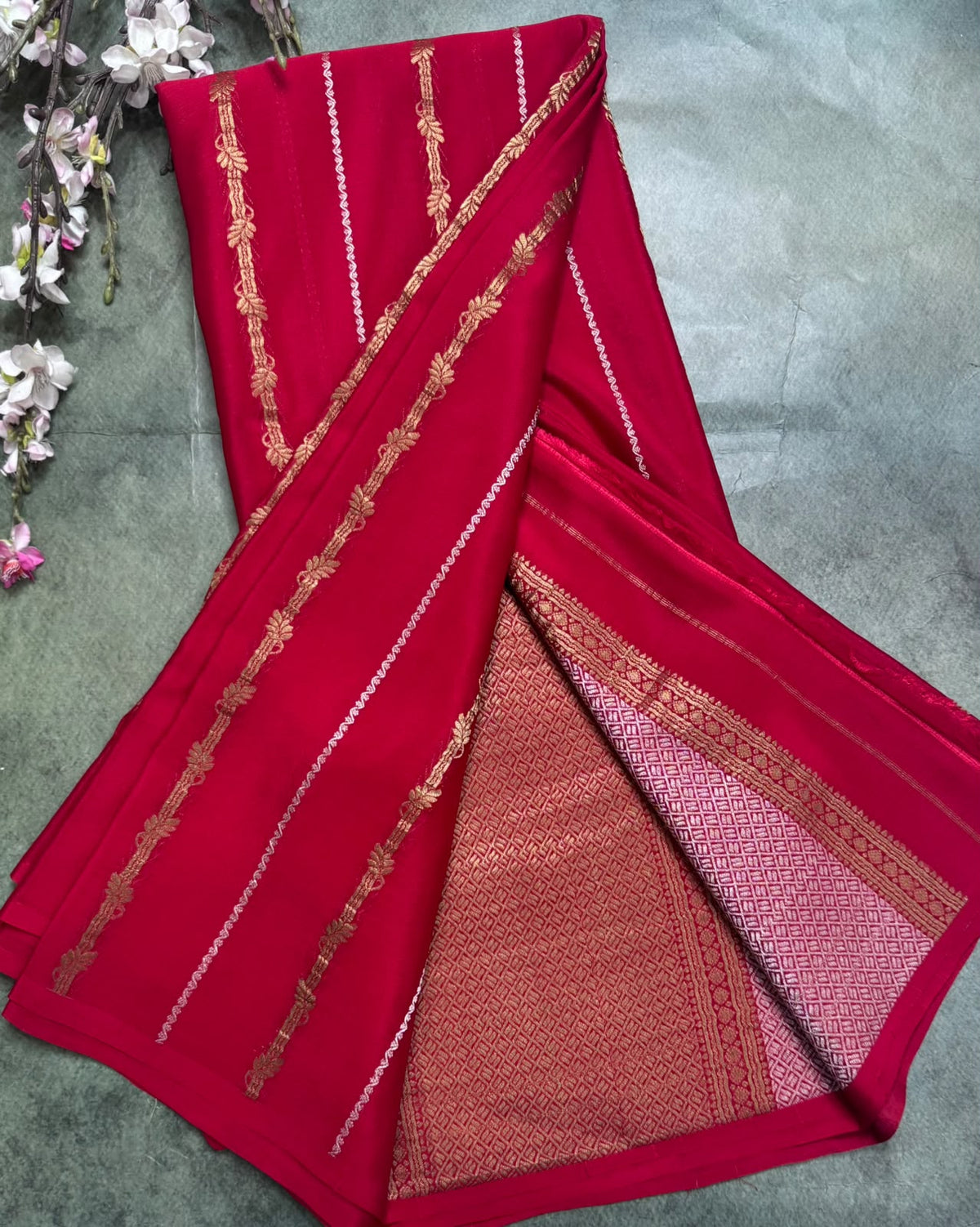 Red Stripes Pure Mysore Crepe Silk Saree 111