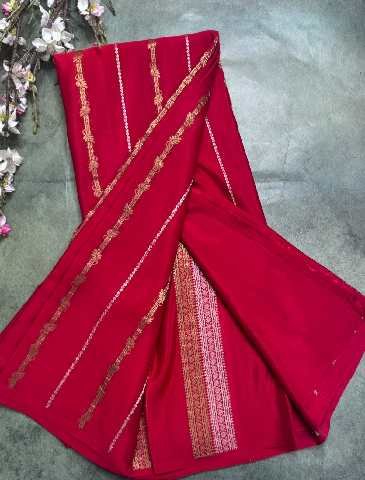Red Stripes Pure Mysore Crepe Silk Saree 111