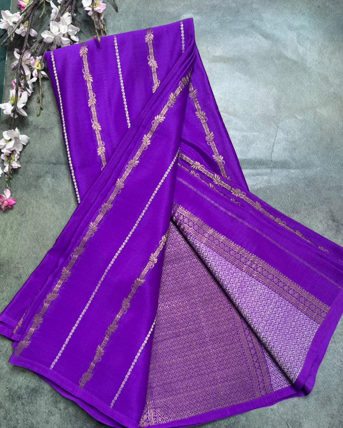 Voilet Stripes Pure Mysore Crepe Silk Saree 111