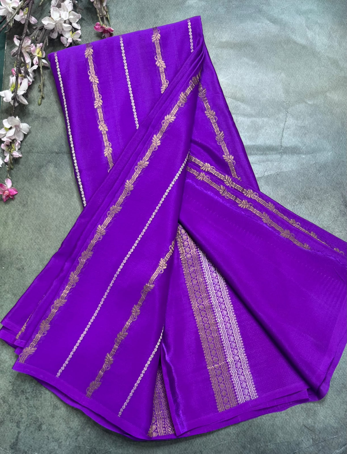 Voilet Stripes Pure Mysore Crepe Silk Saree 111