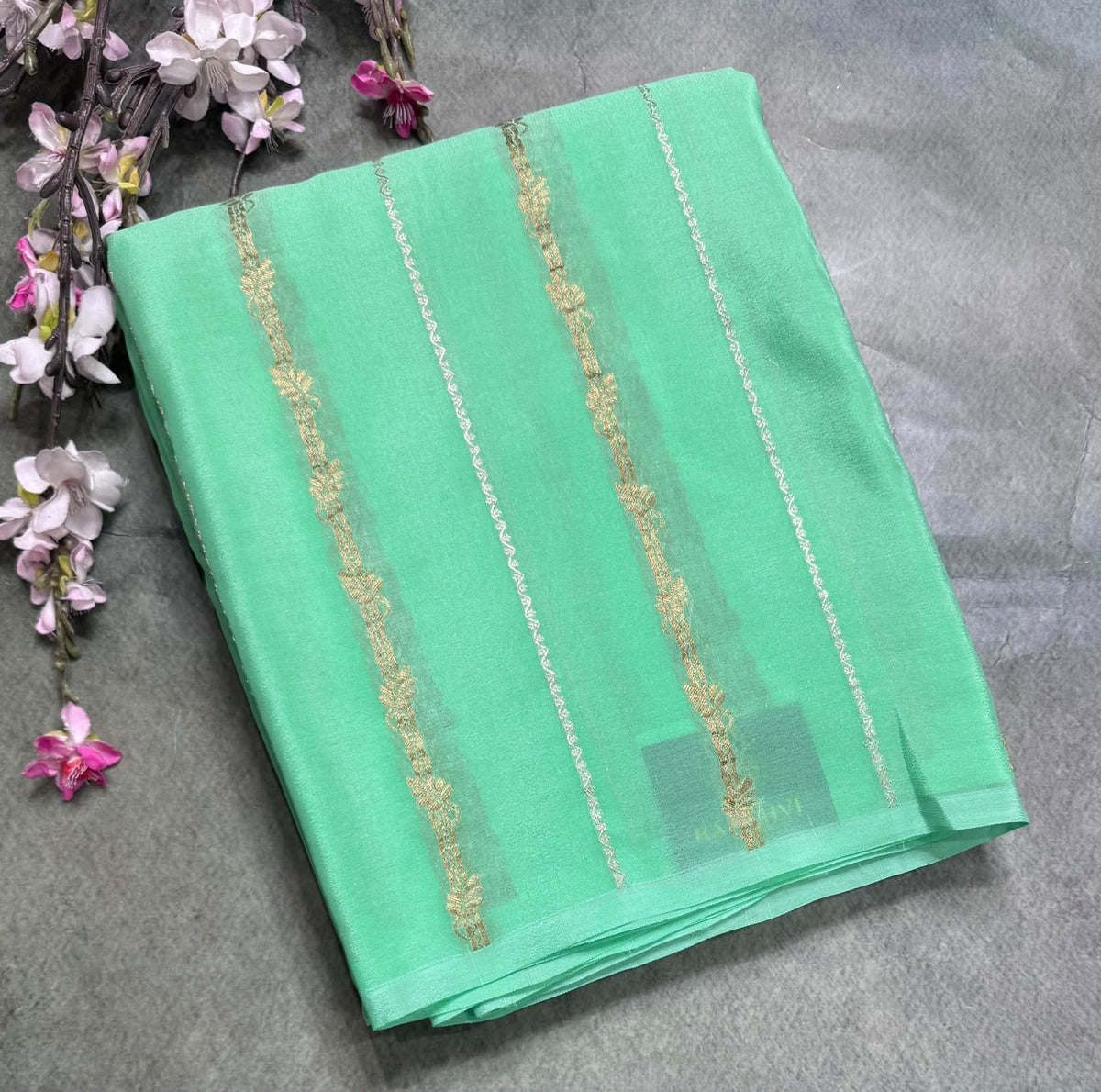 Green Stripes Pure Mysore Crepe Silk Saree 111