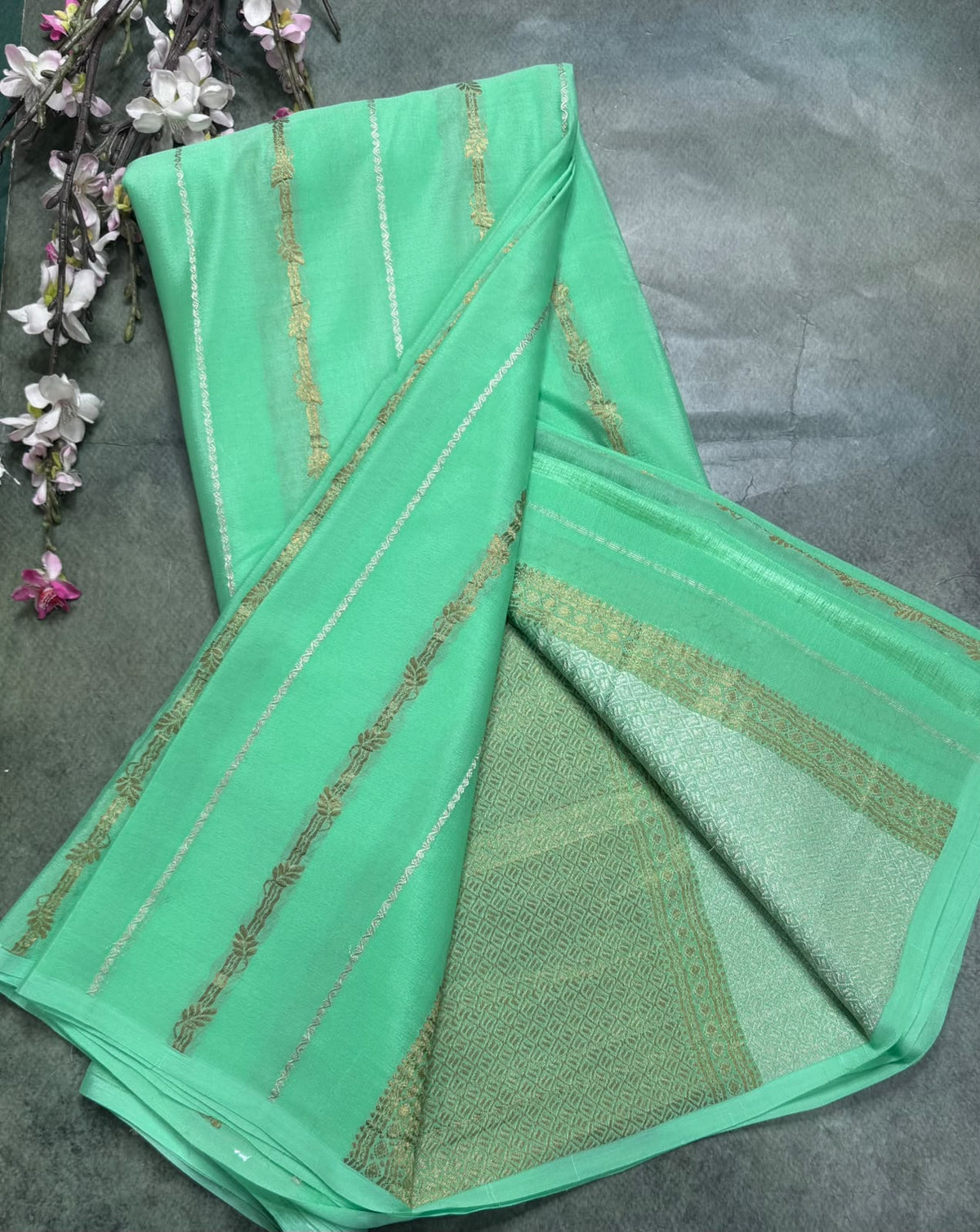Green Stripes Pure Mysore Crepe Silk Saree 111