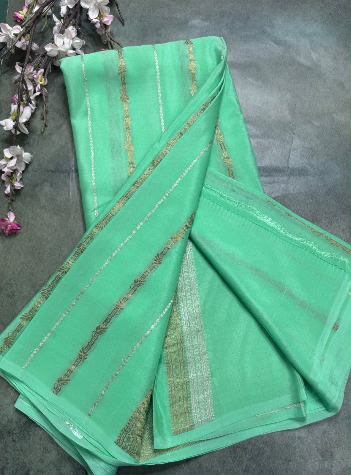 Green Stripes Pure Mysore Crepe Silk Saree 111