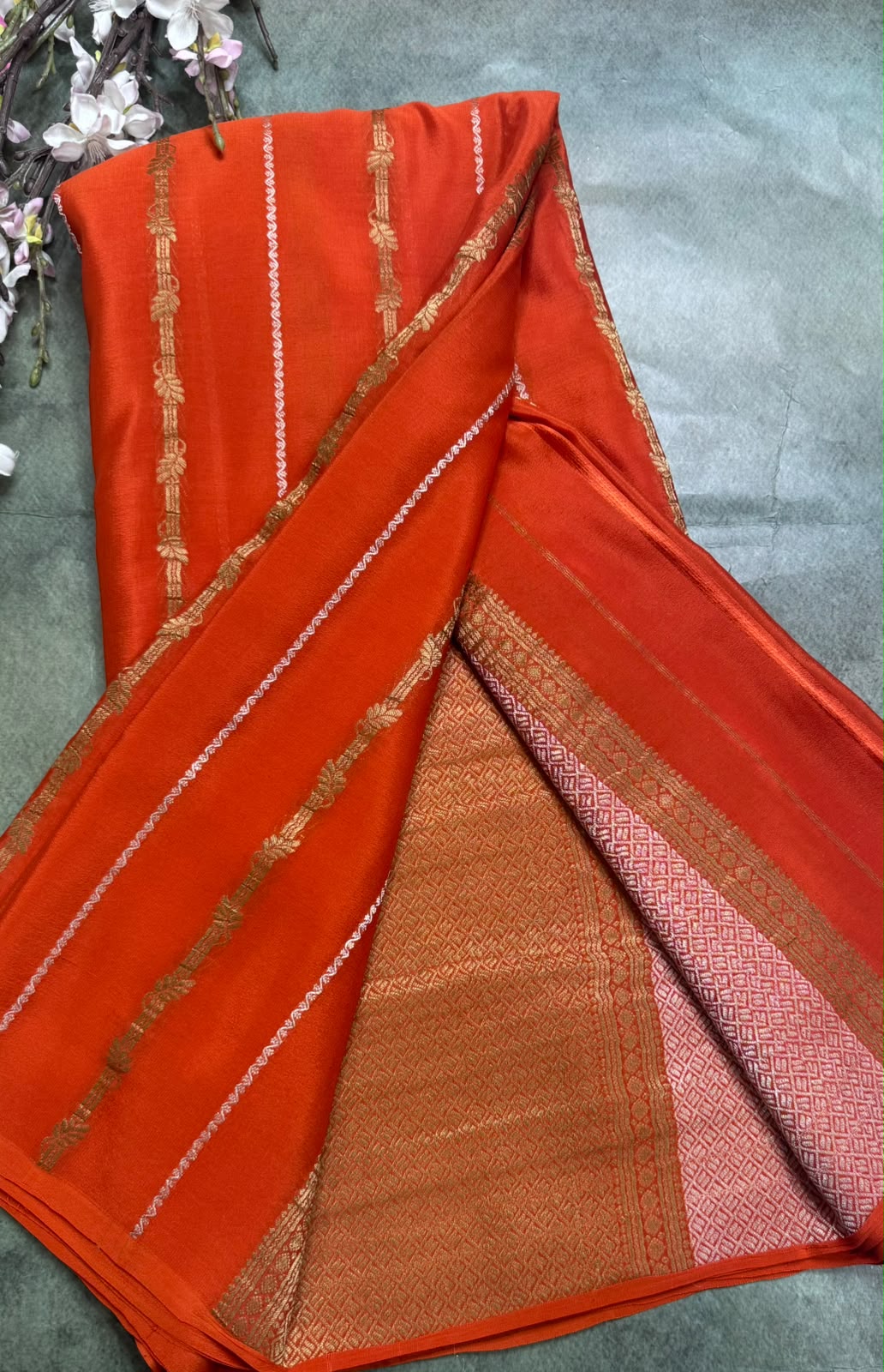 Orange Stripes Pure Mysore Crepe Silk Saree 111