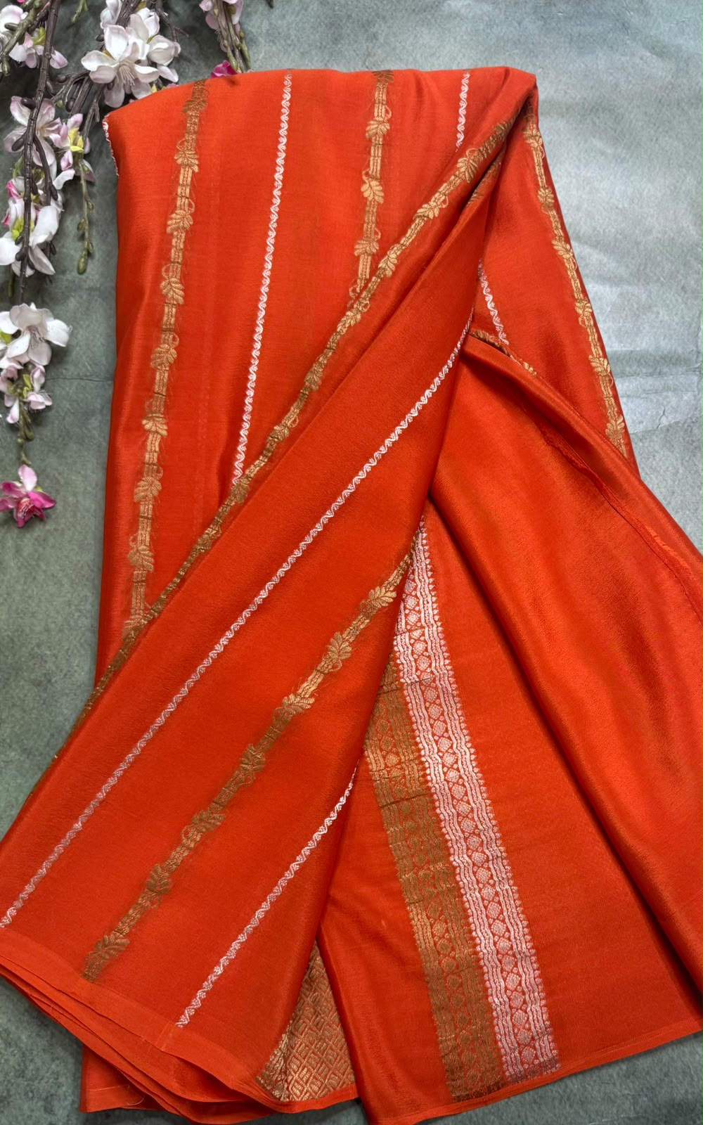 Orange Stripes Pure Mysore Crepe Silk Saree 111