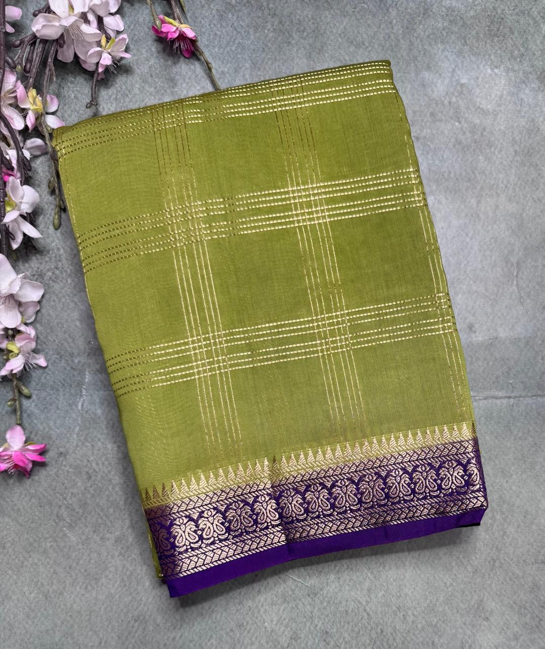 Green Checks Semi Mysore Silk Saree 111