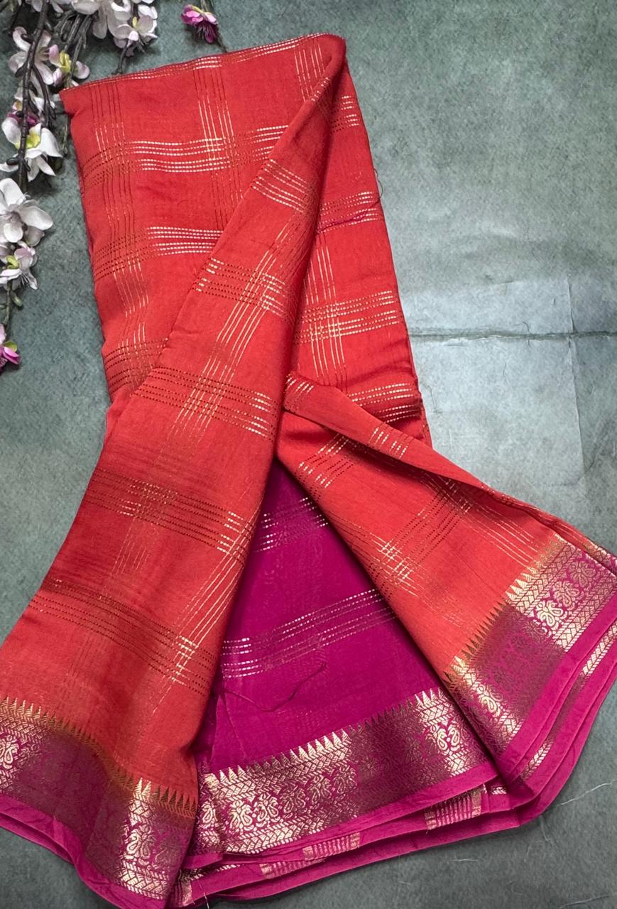 Orange Checks Semi Mysore Silk Saree 111