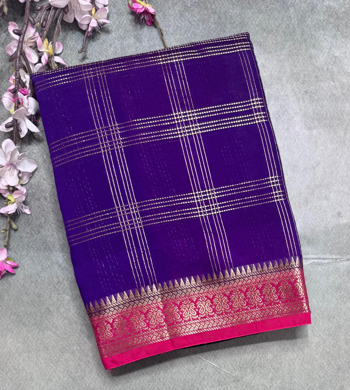 Purple Checks Semi Mysore Silk Saree 111