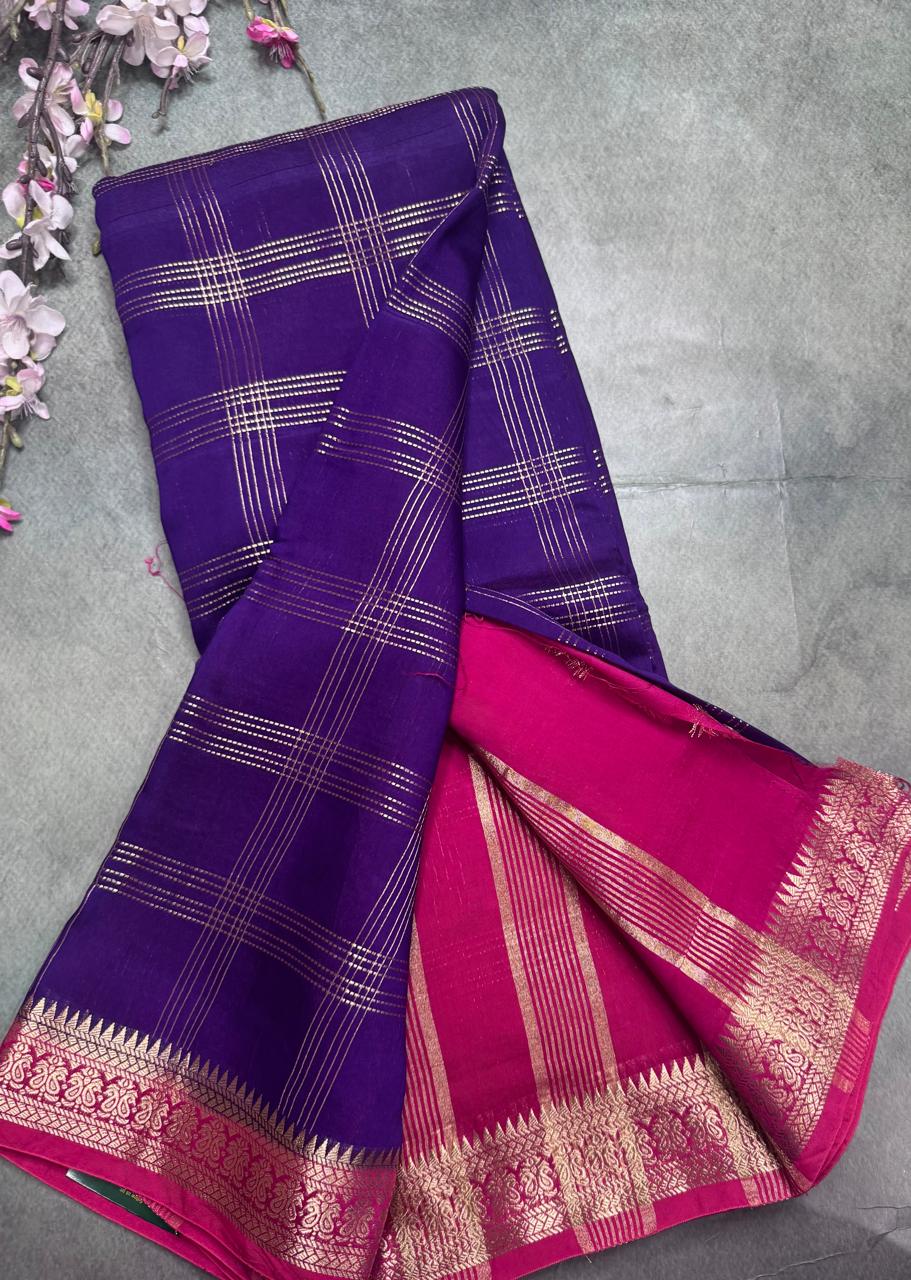 Purple Checks Semi Mysore Silk Saree 111