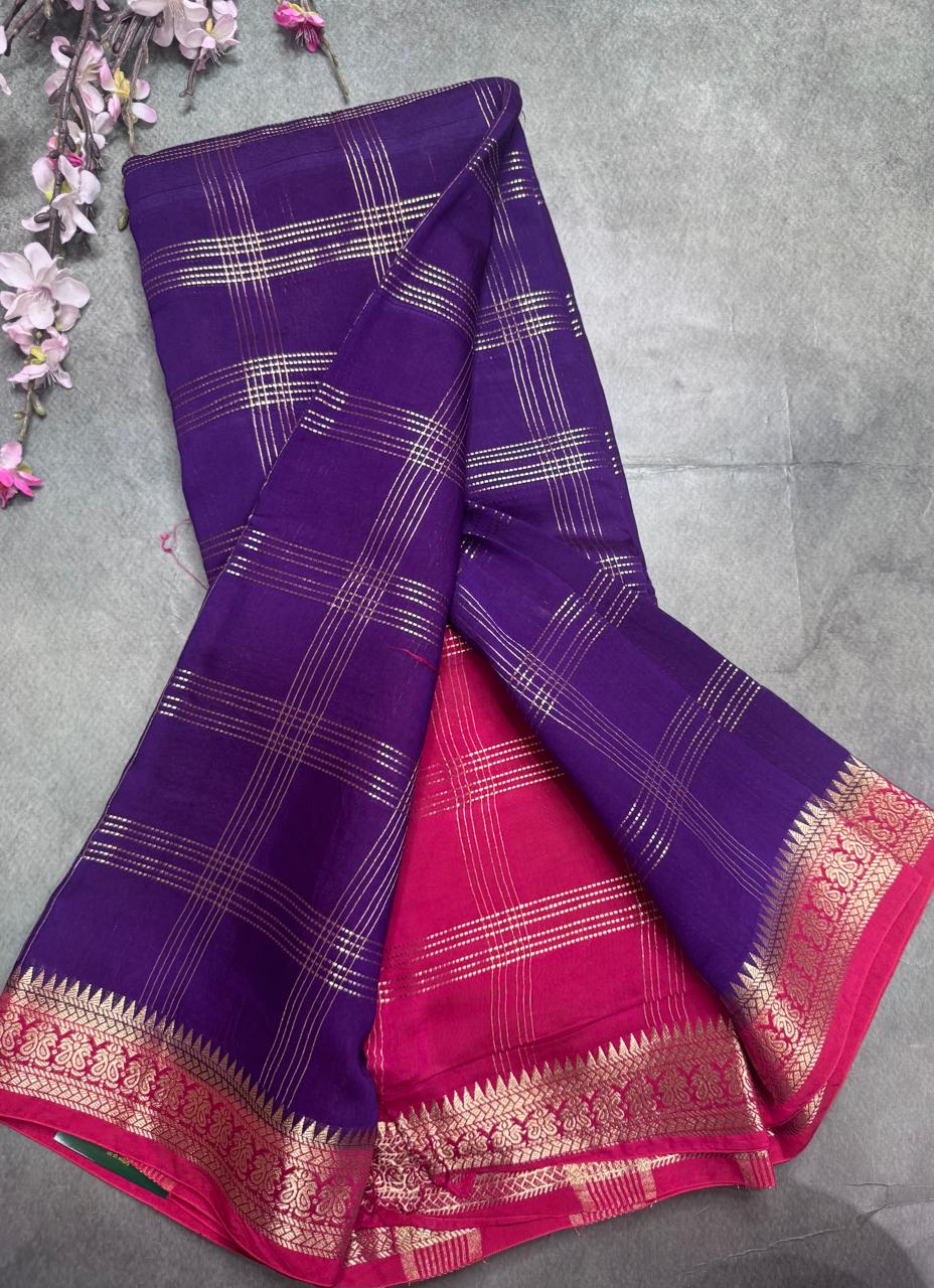 Purple Checks Semi Mysore Silk Saree 111