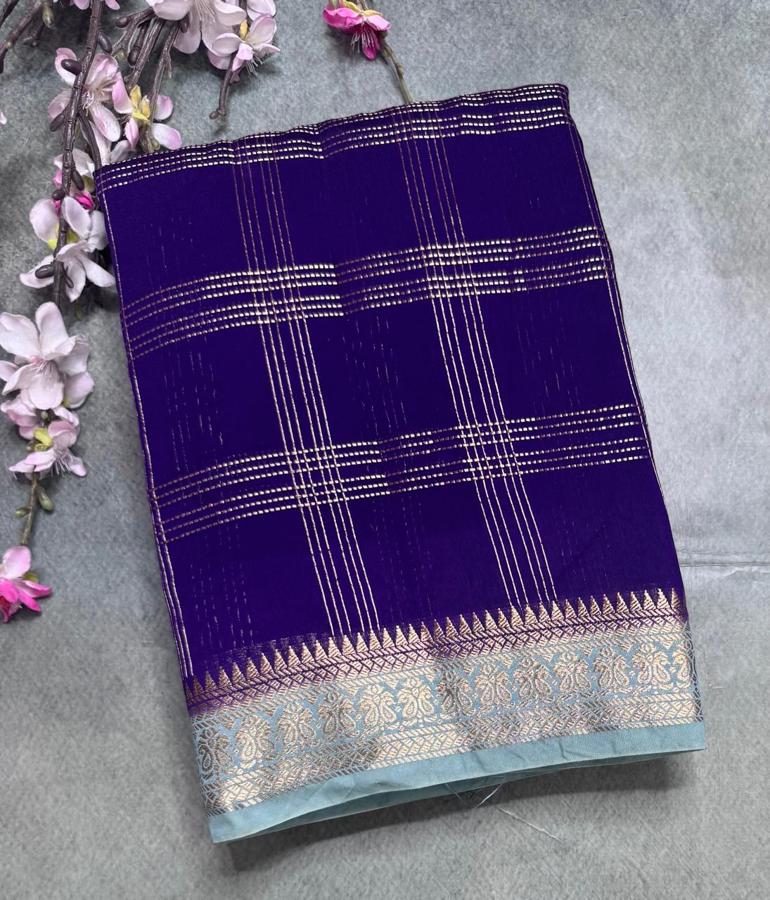 Navy Blue Checks Semi Mysore Silk Saree 111