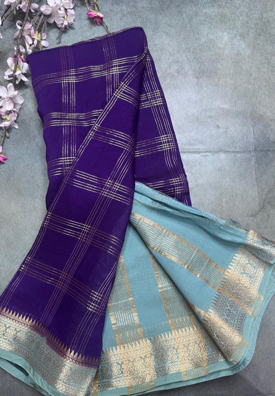 Navy Blue Checks Semi Mysore Silk Saree 111