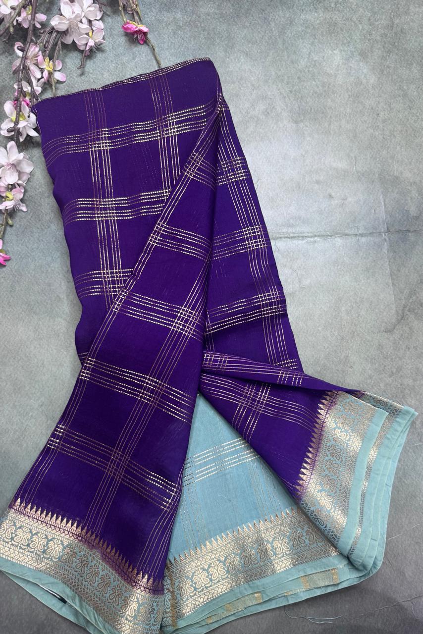 Navy Blue Checks Semi Mysore Silk Saree 111