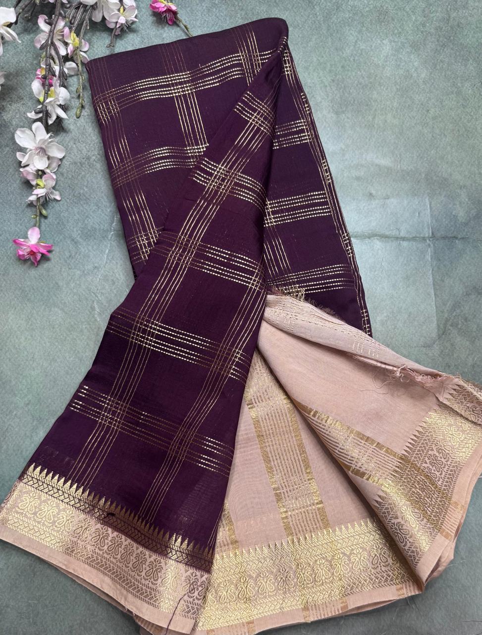 Wine Checks Semi Mysore Silk Saree 111
