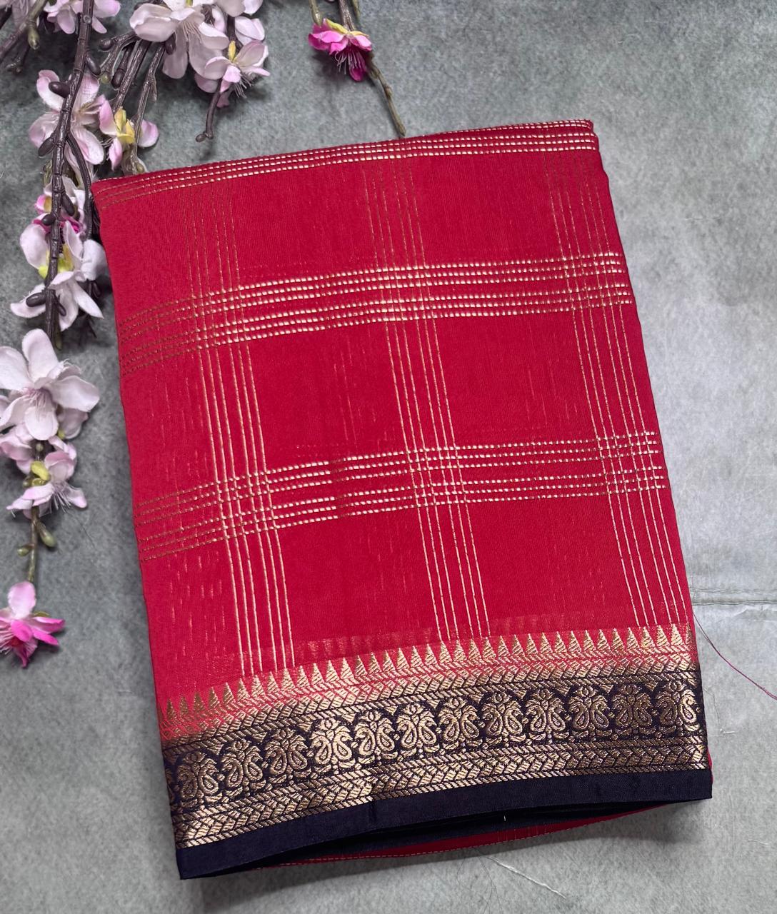 Red Checks Semi Mysore Silk Saree 111