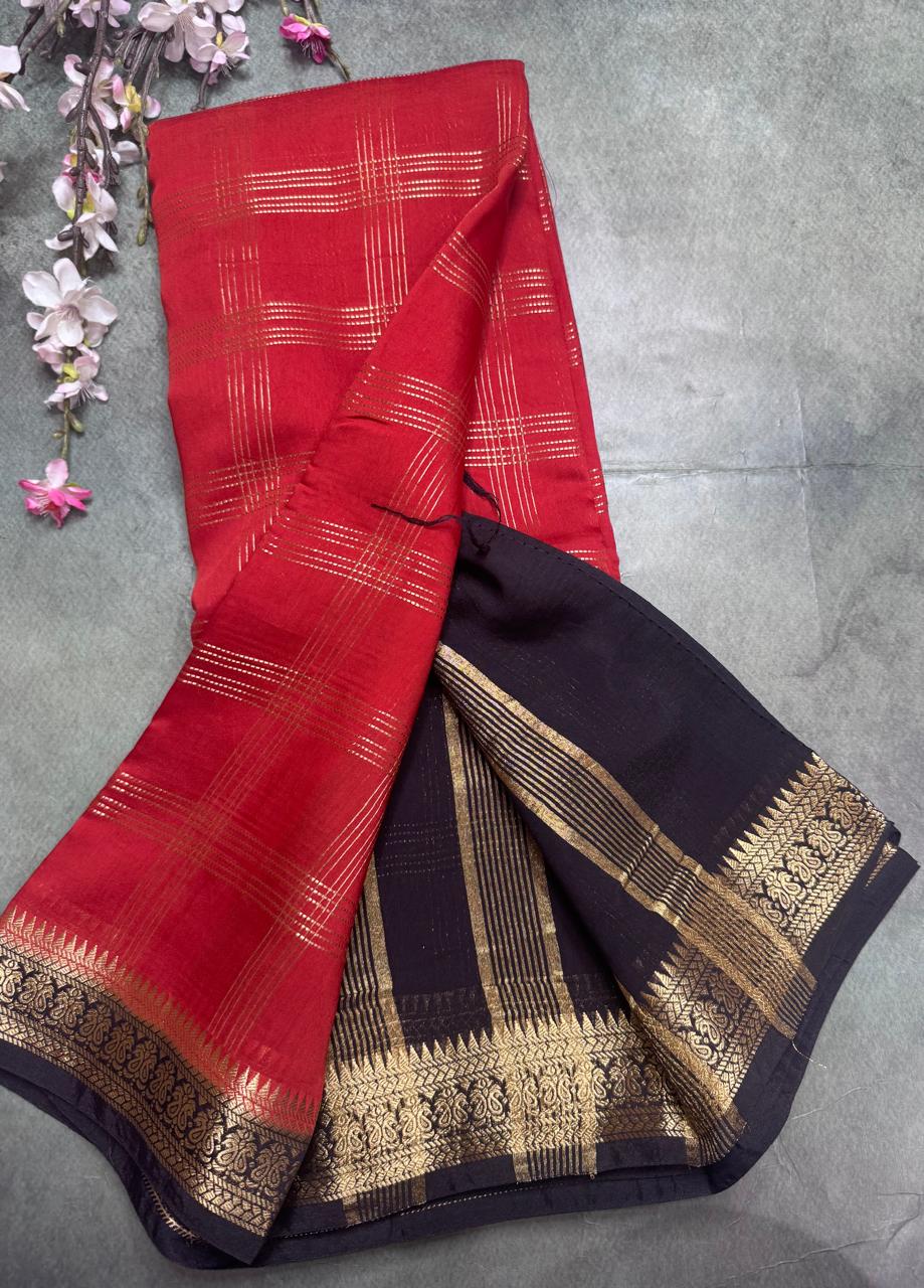 Red Checks Semi Mysore Silk Saree 111