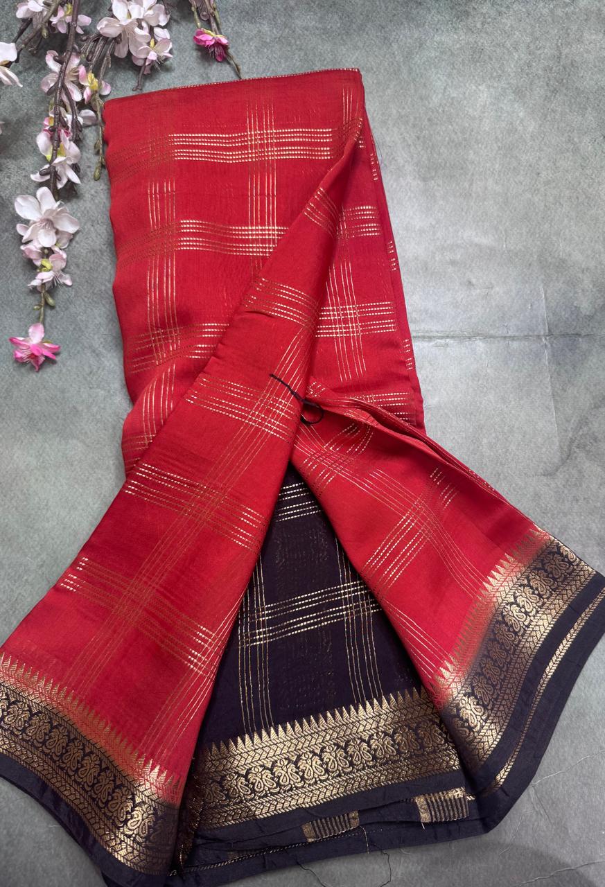 Red Checks Semi Mysore Silk Saree 111