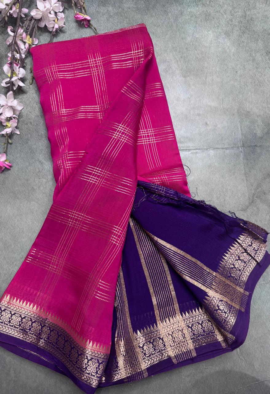 Pink Checks Semi Mysore Silk Saree 111