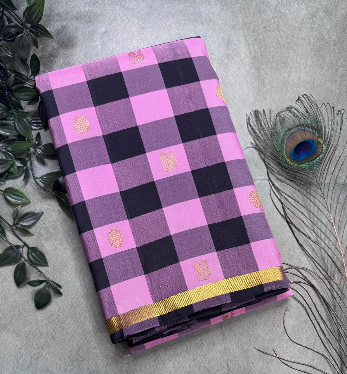 Pink Checks Pure Kanchipuram Silk Saree 111 (Swara)