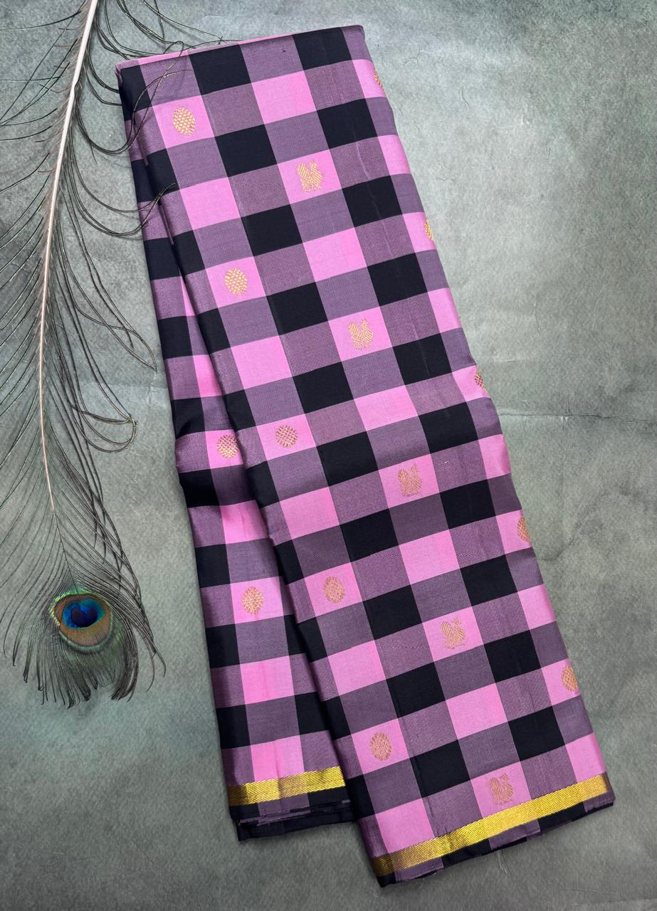 Pink Checks Pure Kanchipuram Silk Saree 111 (Swara)