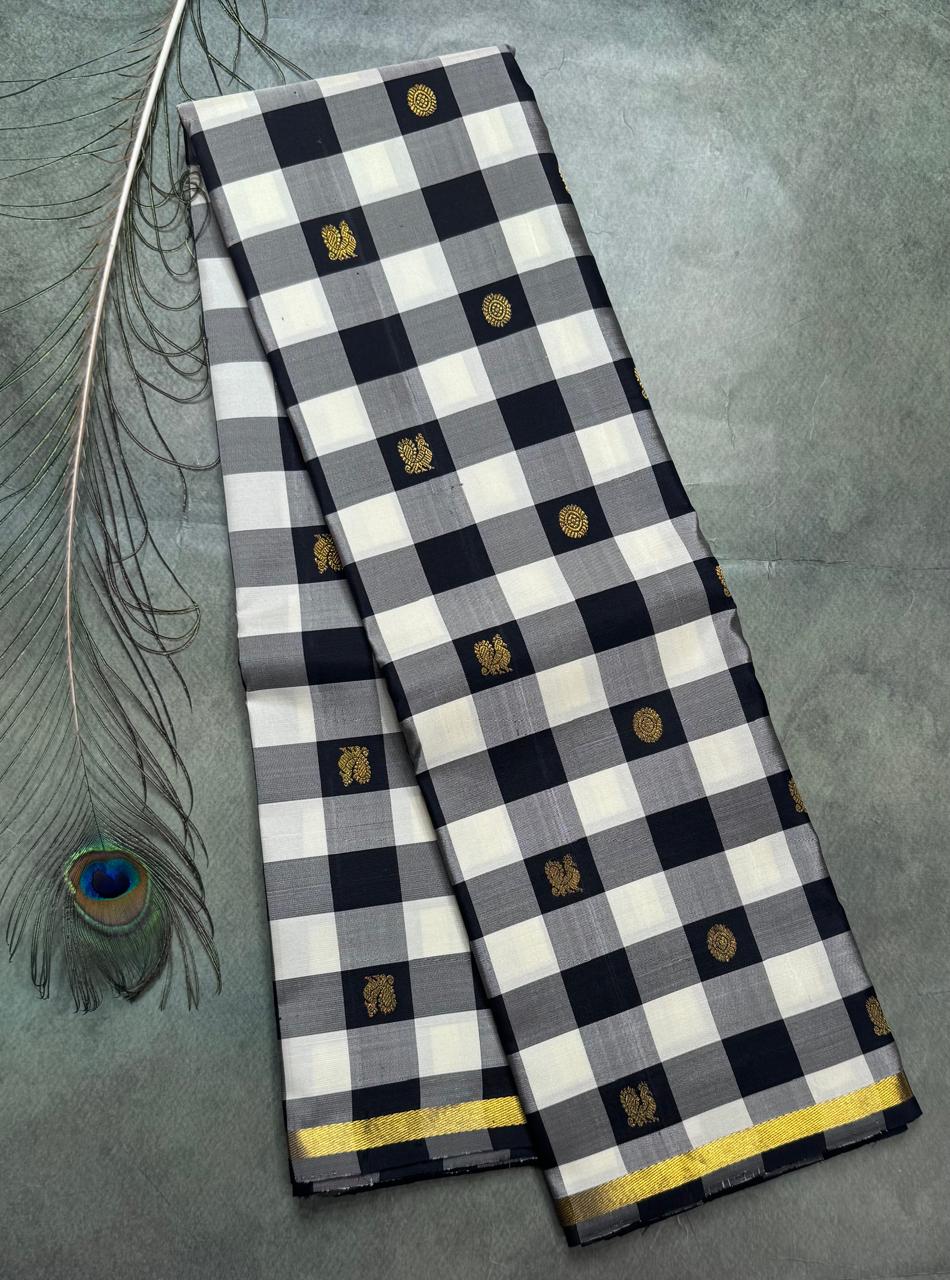 Black And White Checks Pure Kanchipuram Silk Saree 111 (Swara)