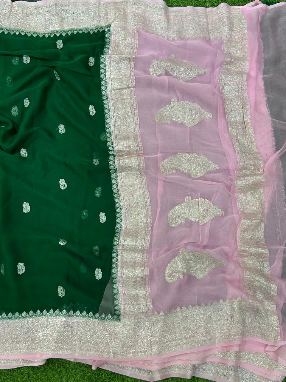 Bottle green n baby pink benaras pure khadi chiffon saree