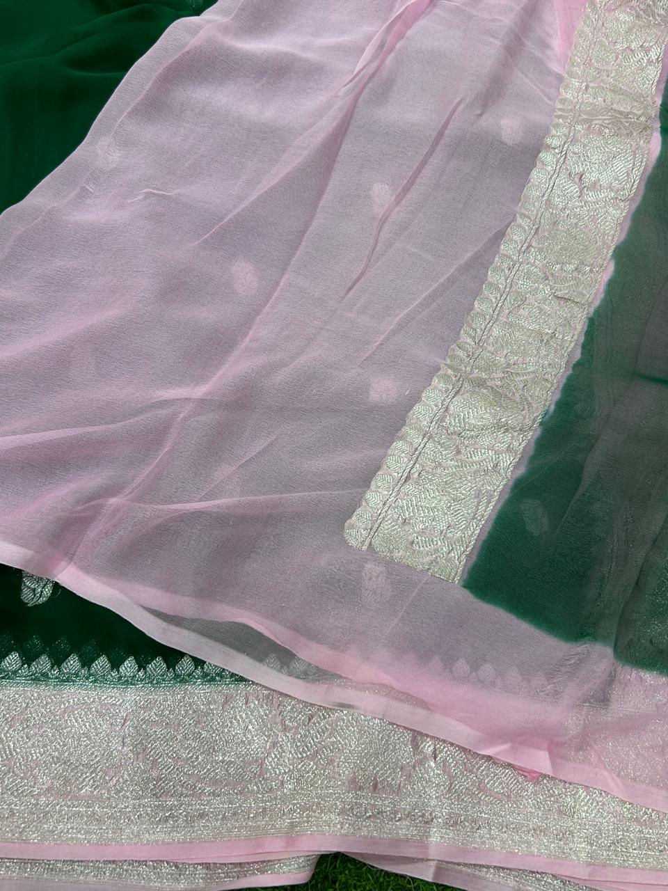 Bottle green n baby pink benaras pure khadi chiffon saree