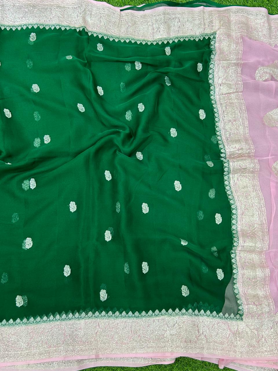 Bottle green n baby pink benaras pure khadi chiffon saree