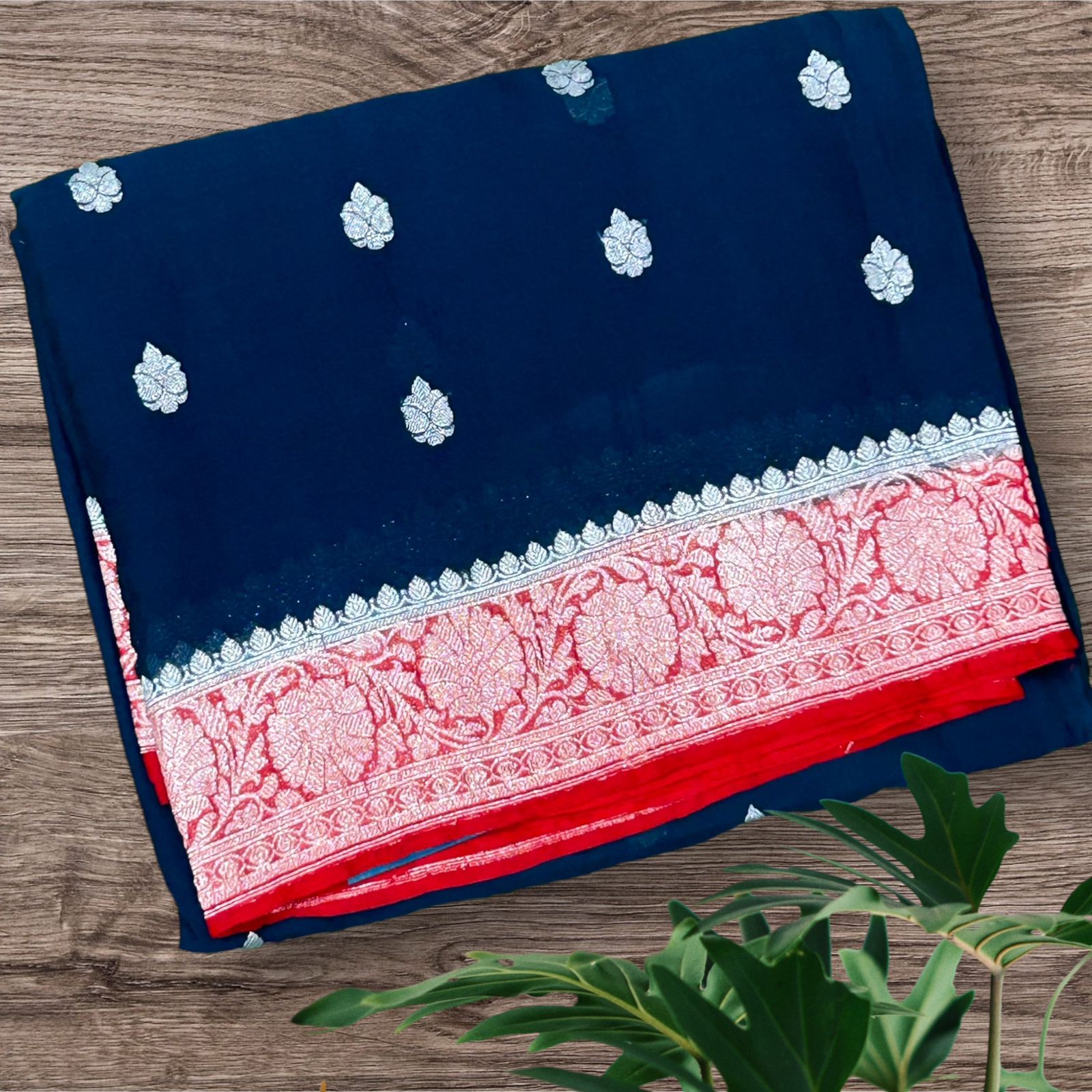 Peacock blue red 01 benaras pure khadi chiffon saree