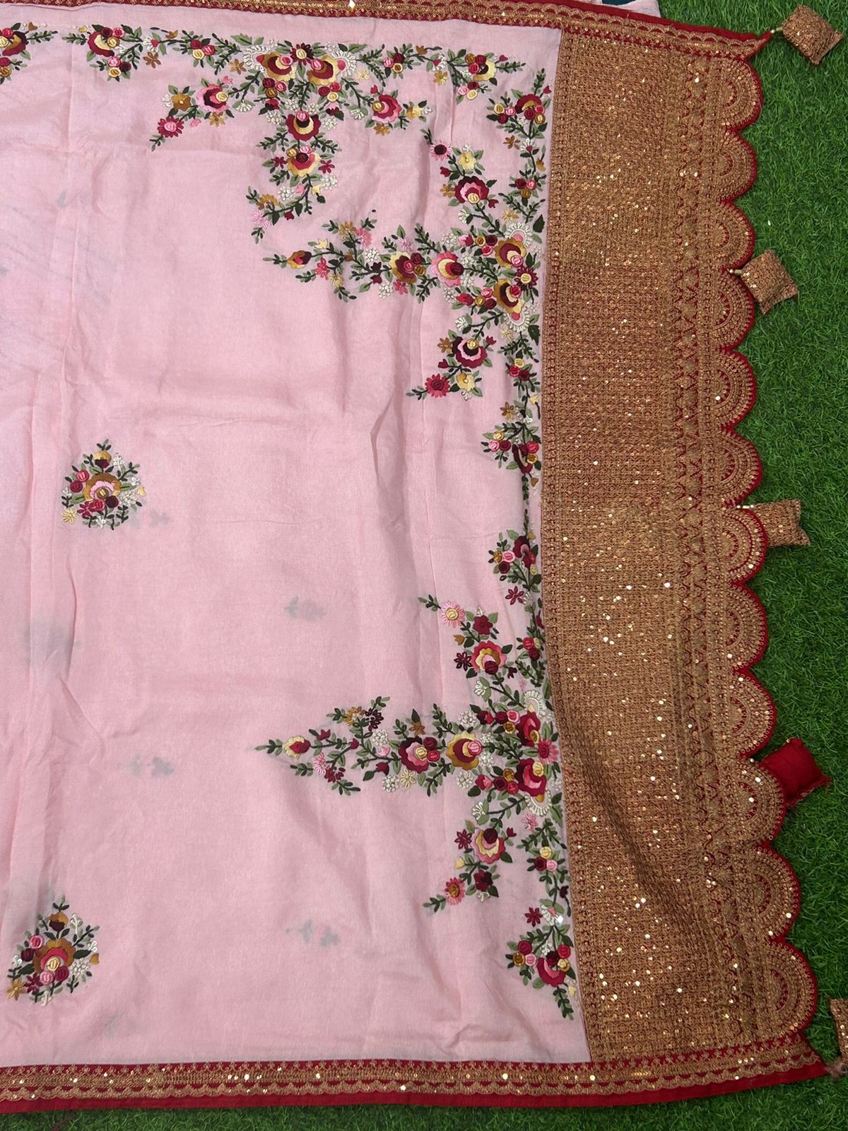 Baby pink crepe designer knot work saree